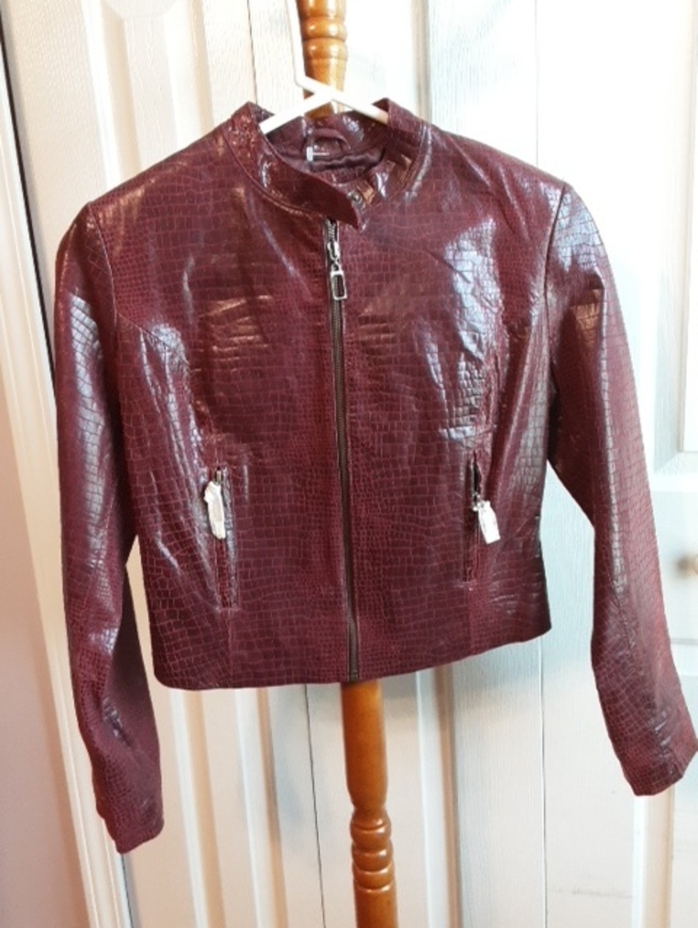 Cropped Burgundy Faux Croc Leather Jacket - Women's